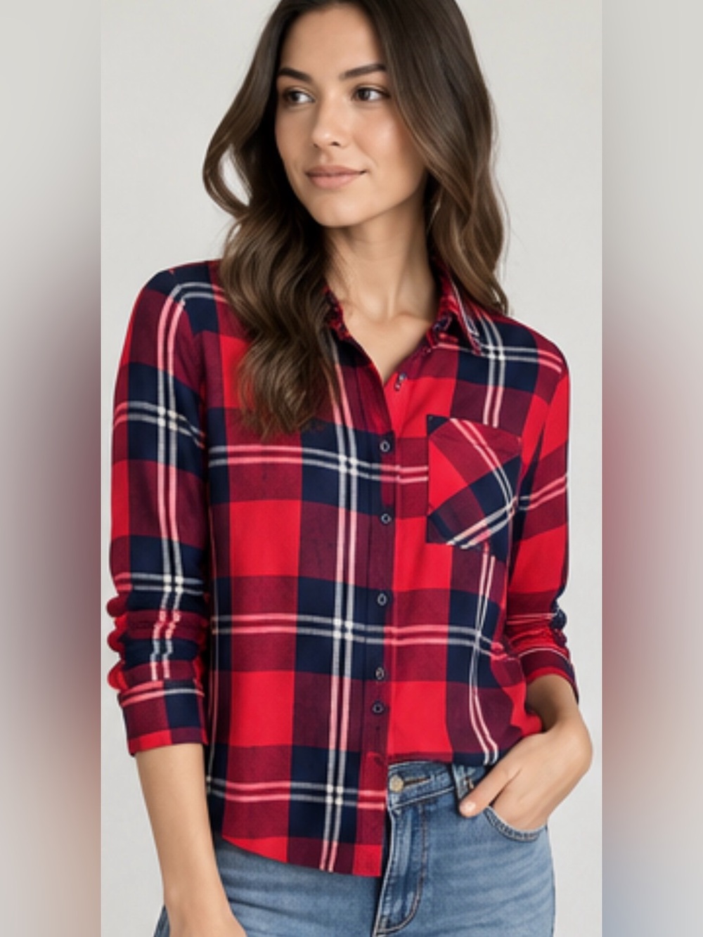 Woolrich Red Navy Plaid 100% Rayon Button Down Shirt Size S